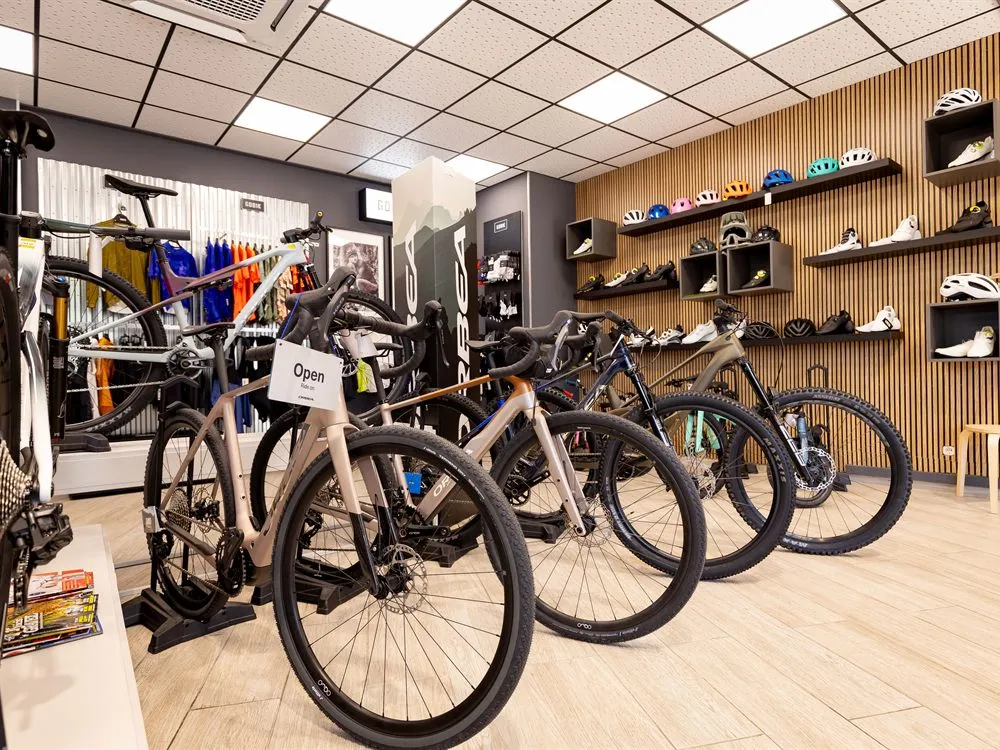 Bicicletas de carretera y gravel expuestas en la tienda de Málaga